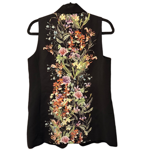 Mural Black Vest with Colorful Floral Design and Pockets